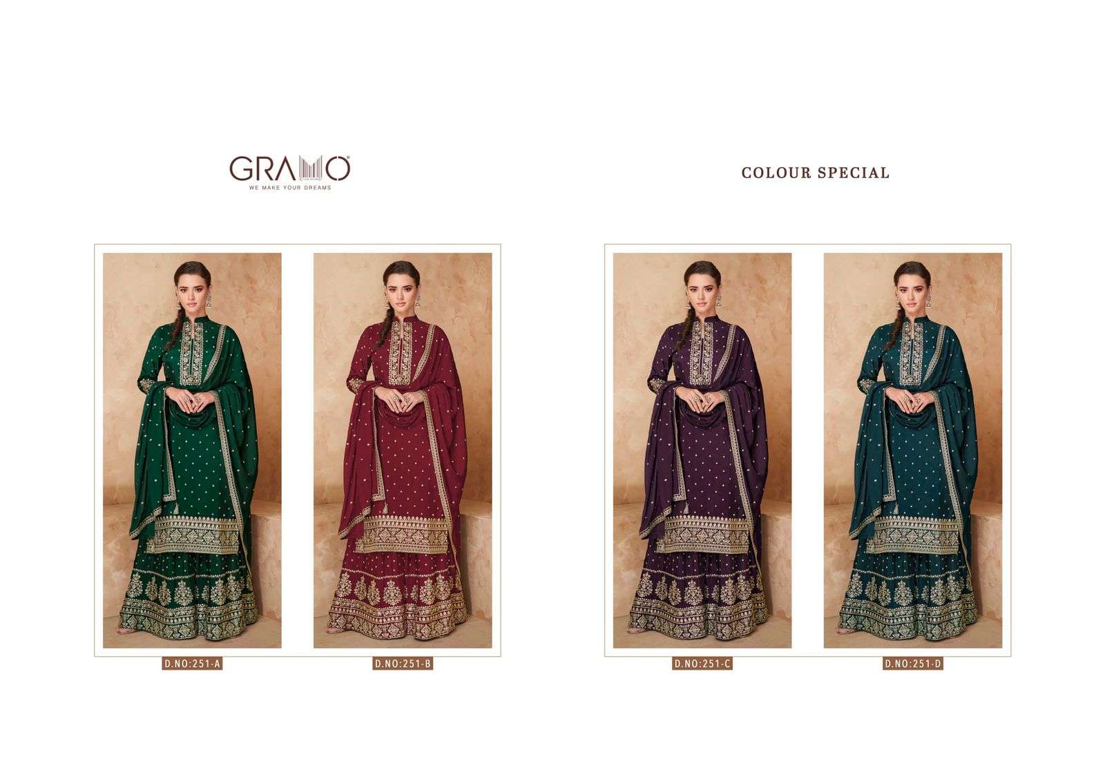 COLOUR SPECIAL BY GRAMO 251-A TO 251-D SERIES BEAUTIFUL STYLISH SHARARA SUITS FANCY COLORFUL CASUAL WEAR & ETHNIC WEAR & READY TO WEAR HEAVY FAUX GEORGETTE DRESSES AT WHOLESALE PRICE