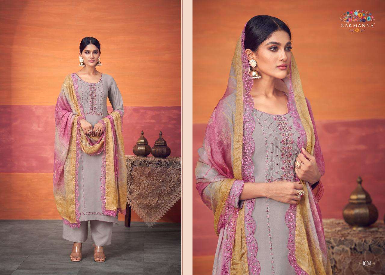 KARMANYA 1004 SERIES BY KARMANYA 1004 TO 1006 SERIES BEAUTIFUL SUITS COLORFUL STYLISH FANCY CASUAL WEAR & ETHNIC WEAR PURE MUSLIN EMBROIDERED DRESSES AT WHOLESALE PRICE