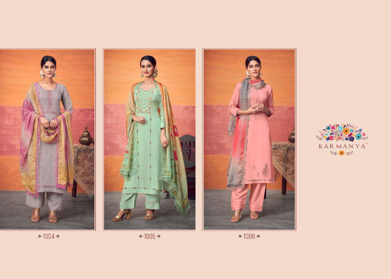 KARMANYA 1004 SERIES BY KARMANYA 1004 TO 1006 SERIES BEAUTIFUL SUITS COLORFUL STYLISH FANCY CASUAL WEAR & ETHNIC WEAR PURE MUSLIN EMBROIDERED DRESSES AT WHOLESALE PRICE