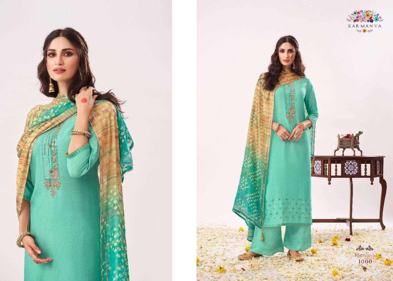 KARMANYA 1000 SERIES BY KARMANYA 1000 TO 1003 SERIES BEAUTIFUL SUITS COLORFUL STYLISH FANCY CASUAL WEAR & ETHNIC WEAR PURE MUSLIN EMBROIDERED DRESSES AT WHOLESALE PRICE