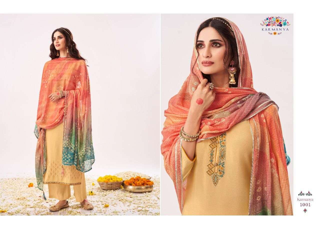 KARMANYA 1000 SERIES BY KARMANYA 1000 TO 1003 SERIES BEAUTIFUL SUITS COLORFUL STYLISH FANCY CASUAL WEAR & ETHNIC WEAR PURE MUSLIN EMBROIDERED DRESSES AT WHOLESALE PRICE