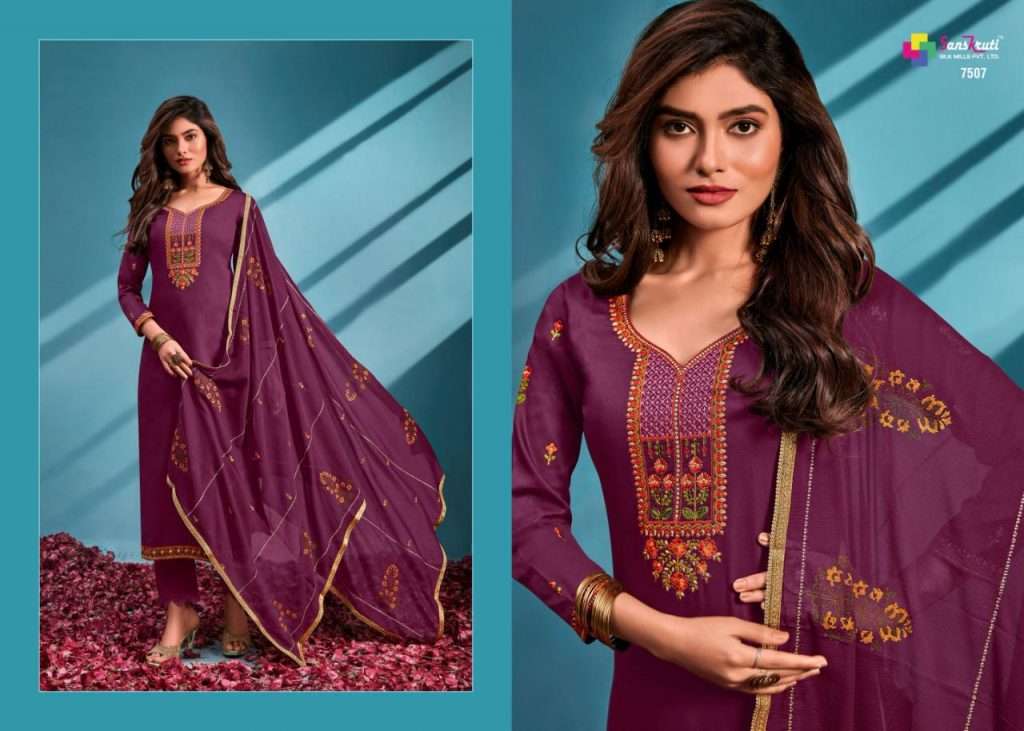 SUBLIME BY SANSKRUTI SILK MILLS 7507 TO 7512 SERIES BEAUTIFUL SUITS COLORFUL STYLISH FANCY CASUAL WEAR & ETHNIC WEAR PURE JAM SILK EMBROIDERED DRESSES AT WHOLESALE PRICE