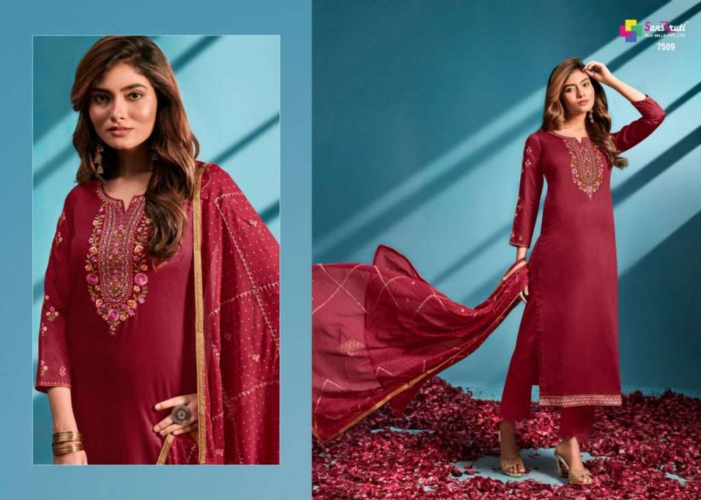 SUBLIME BY SANSKRUTI SILK MILLS 7507 TO 7512 SERIES BEAUTIFUL SUITS COLORFUL STYLISH FANCY CASUAL WEAR & ETHNIC WEAR PURE JAM SILK EMBROIDERED DRESSES AT WHOLESALE PRICE