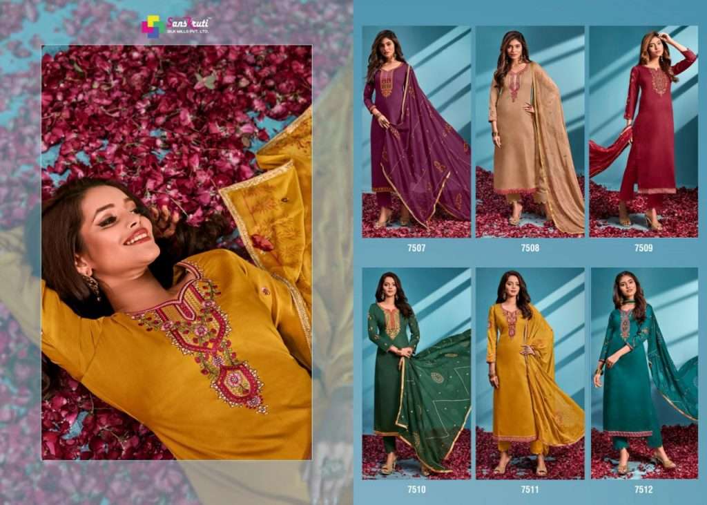 SUBLIME BY SANSKRUTI SILK MILLS 7507 TO 7512 SERIES BEAUTIFUL SUITS COLORFUL STYLISH FANCY CASUAL WEAR & ETHNIC WEAR PURE JAM SILK EMBROIDERED DRESSES AT WHOLESALE PRICE