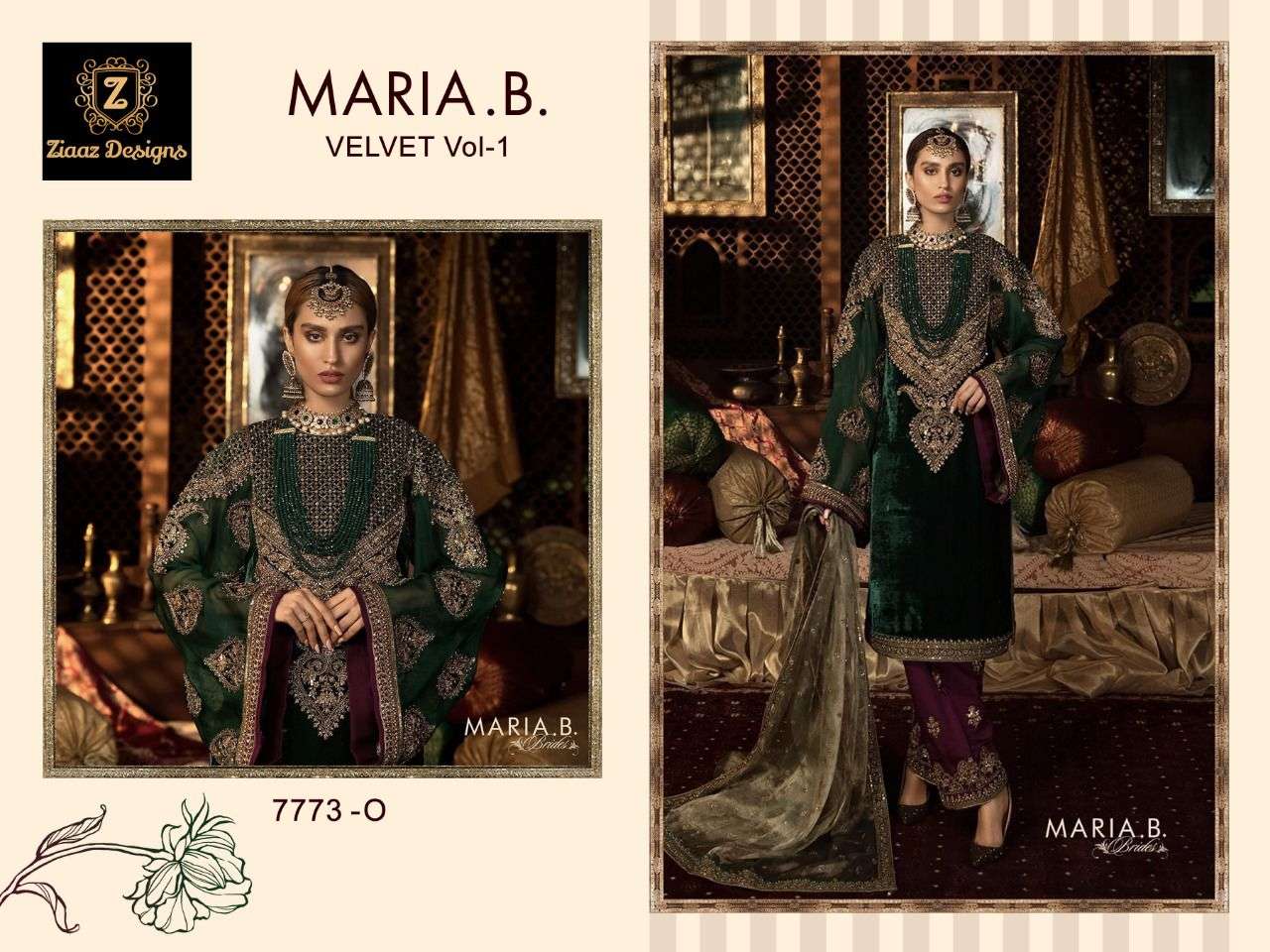 MARIA.B. VELVET VOL-1 BY ZIAAZ DESIGNS 7773-O TO 7773-P SERIES DESIGNER FESTIVE PAKISTANI SUITS COLLECTION BEAUTIFUL STYLISH FANCY COLORFUL PARTY WEAR & OCCASIONAL WEAR VELVET WITH EMBROIDERED DRESSES AT WHOLESALE PRICE