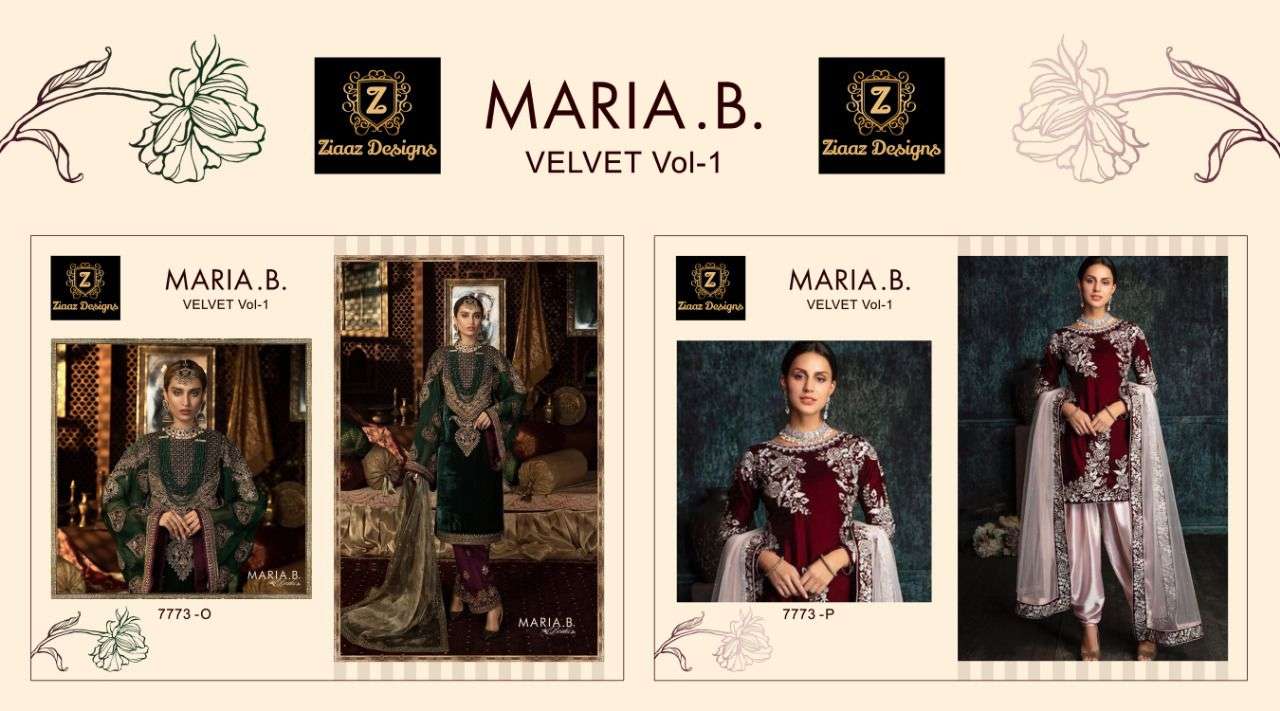 MARIA.B. VELVET VOL-1 BY ZIAAZ DESIGNS 7773-O TO 7773-P SERIES DESIGNER FESTIVE PAKISTANI SUITS COLLECTION BEAUTIFUL STYLISH FANCY COLORFUL PARTY WEAR & OCCASIONAL WEAR VELVET WITH EMBROIDERED DRESSES AT WHOLESALE PRICE