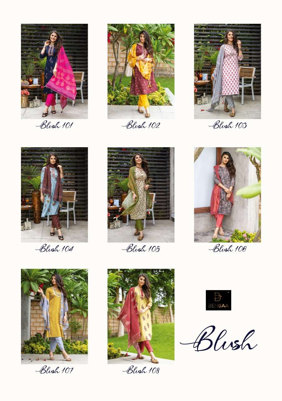 BLUSH BY BENBAA 101 TO 108 SERIES BEAUTIFUL SUITS COLORFUL STYLISH FANCY CASUAL WEAR & ETHNIC WEAR JAM COTTON PRINT DRESSES AT WHOLESALE PRICE