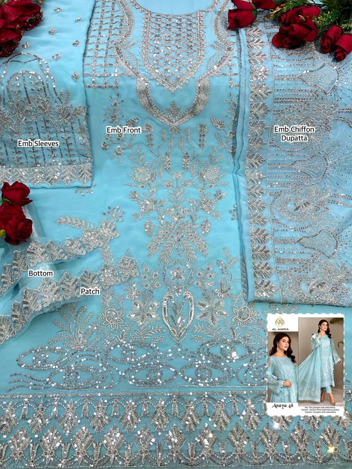 ANAYA 48 BY AL AMRA PAKISTANI SUITS BEAUTIFUL FANCY COLORFUL STYLISH PARTY WEAR & OCCASIONAL WEAR FAUX GEORGETTE EMBROIDERY DRESSES AT WHOLESALE PRICE