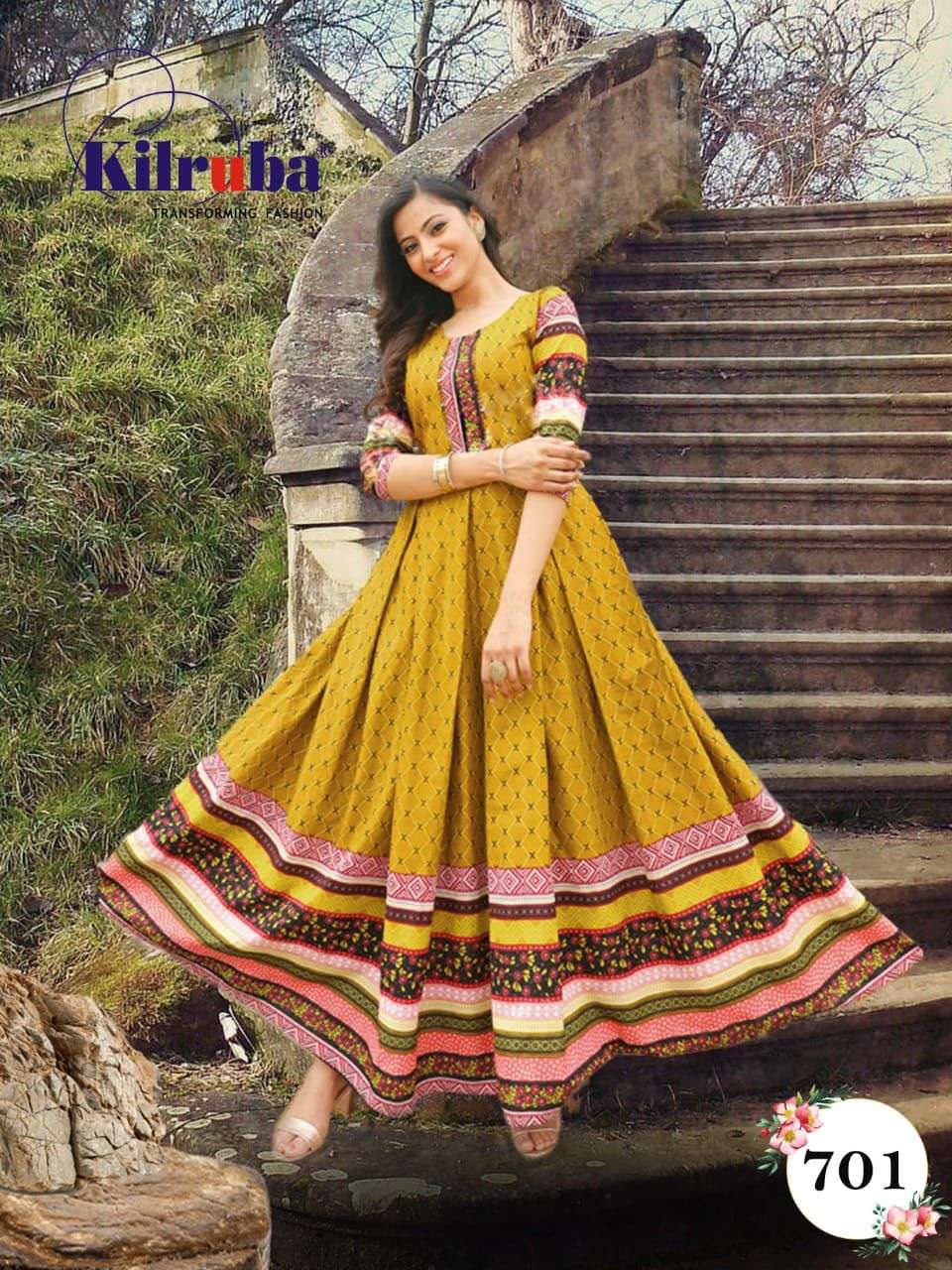KILRUBA HIT DESIGN 701 BY KILRUBA STYLISH FANCY BEAUTIFUL COLORFUL CASUAL WEAR & ETHNIC WEAR HEAVY COTTON PRINT WITH WORK GOWNS AT WHOLESALE PRICE
