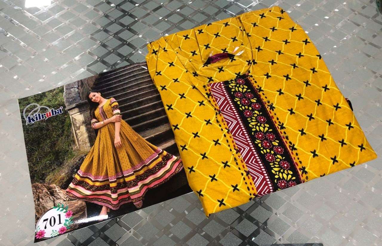 KILRUBA HIT DESIGN 701 BY KILRUBA STYLISH FANCY BEAUTIFUL COLORFUL CASUAL WEAR & ETHNIC WEAR HEAVY COTTON PRINT WITH WORK GOWNS AT WHOLESALE PRICE