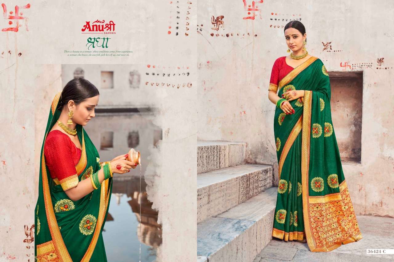 VISHNUPRIYA BY ANUSHREE 36424-A TO 36424-H SERIES INDIAN TRADITIONAL WEAR COLLECTION BEAUTIFUL STYLISH FANCY COLORFUL PARTY WEAR & OCCASIONAL WEAR SILK SAREES AT WHOLESALE PRICE
