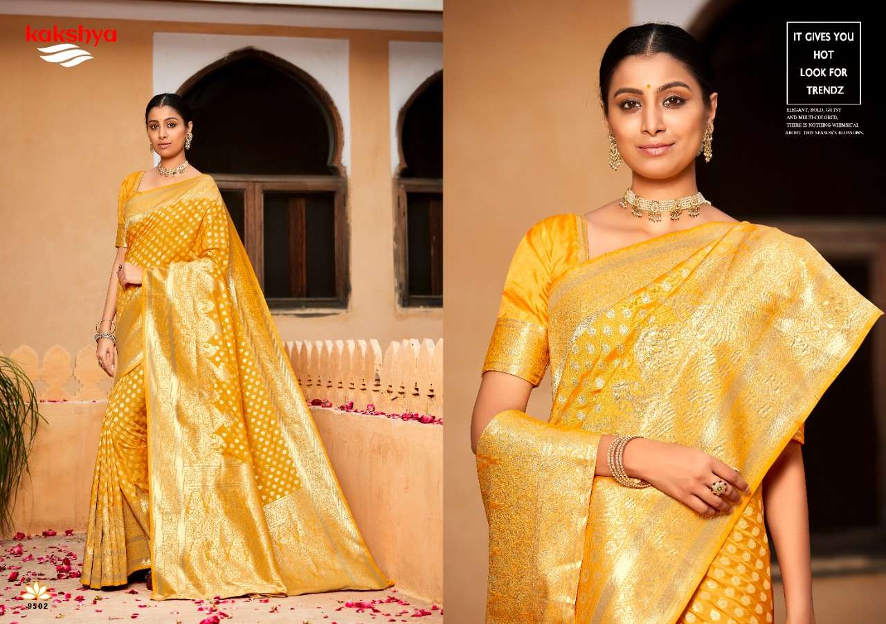 MUSKAAN BY KAKSHYA 9501 TO 9503 SERIES INDIAN TRADITIONAL WEAR COLLECTION BEAUTIFUL STYLISH FANCY COLORFUL PARTY WEAR & OCCASIONAL WEAR BANARASI SILK SAREES AT WHOLESALE PRICE
