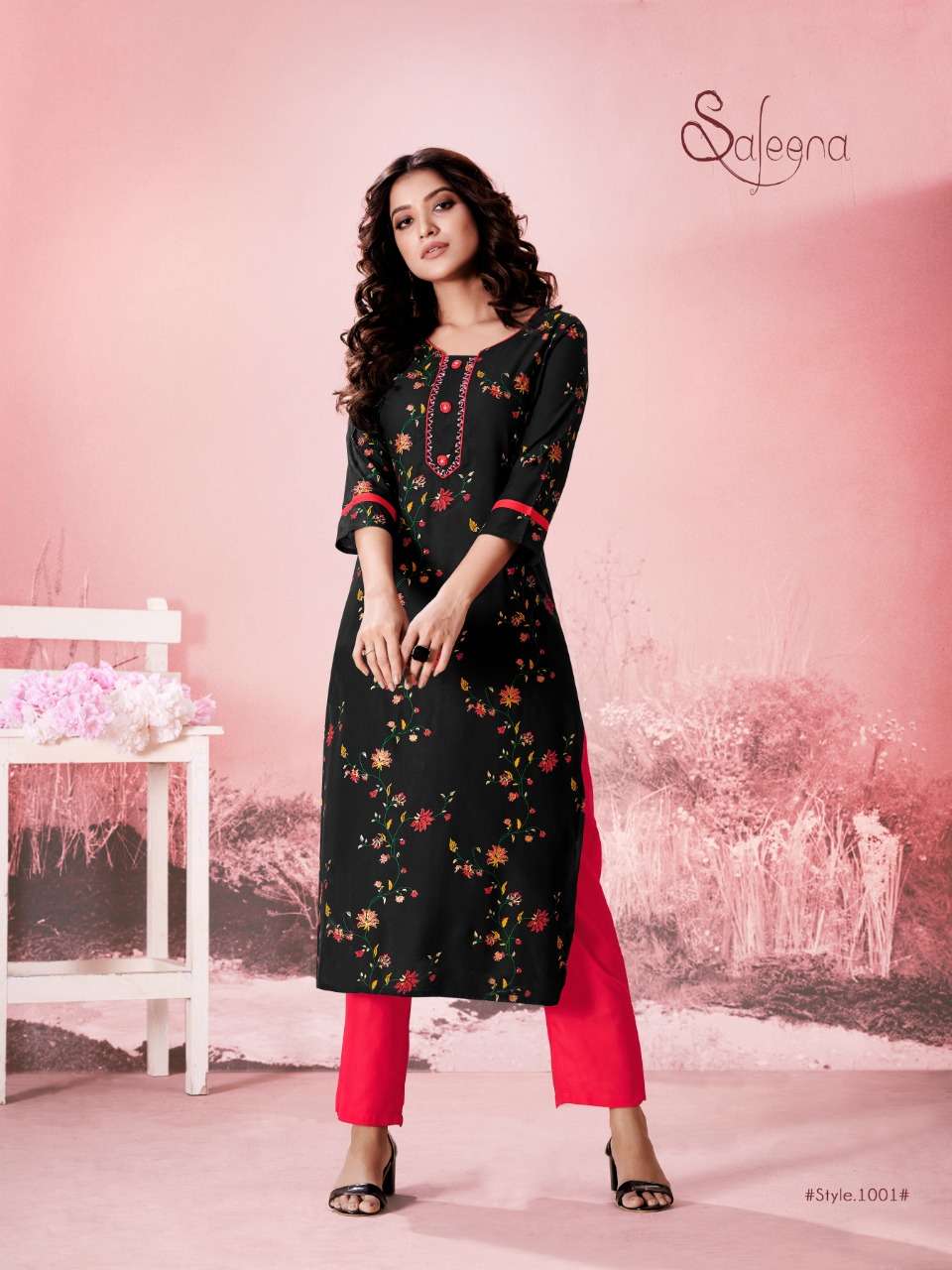 SALEENA BY Z BLACK 1001 TO 1006 SERIES DESIGNER STYLISH FANCY COLORFUL BEAUTIFUL PARTY WEAR & ETHNIC WEAR COLLECTION RAYON SLUB PRINT KURTIS WITH BOTTOM AT WHOLESALE PRICE