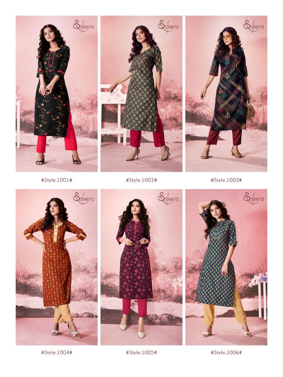 SALEENA BY Z BLACK 1001 TO 1006 SERIES DESIGNER STYLISH FANCY COLORFUL BEAUTIFUL PARTY WEAR & ETHNIC WEAR COLLECTION RAYON SLUB PRINT KURTIS WITH BOTTOM AT WHOLESALE PRICE
