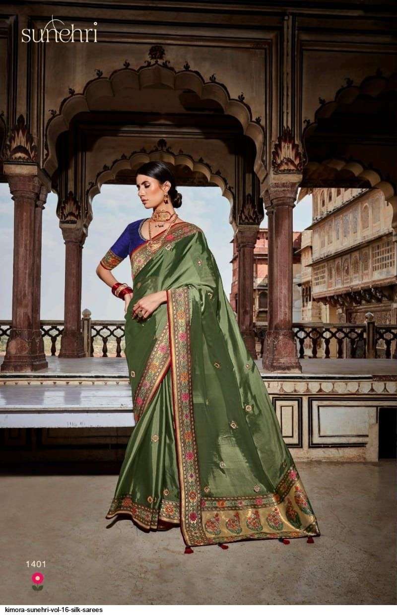 SUNEHRI VOL-16 BY KIMORA FASHION 1401 TO 1413 SERIES INDIAN TRADITIONAL WEAR COLLECTION BEAUTIFUL STYLISH FANCY COLORFUL PARTY WEAR & OCCASIONAL WEAR SILK SAREES AT WHOLESALE PRICE