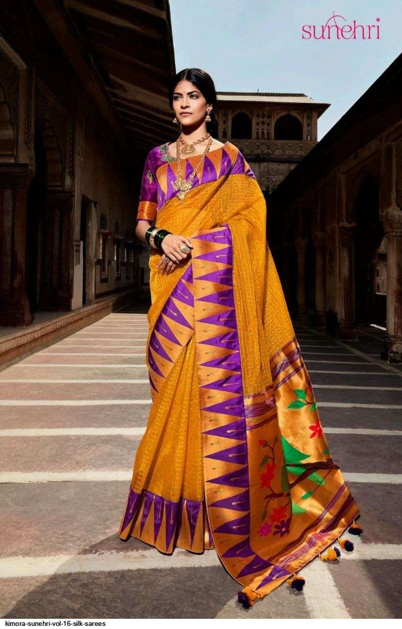 SUNEHRI VOL-16 BY KIMORA FASHION 1401 TO 1413 SERIES INDIAN TRADITIONAL WEAR COLLECTION BEAUTIFUL STYLISH FANCY COLORFUL PARTY WEAR & OCCASIONAL WEAR SILK SAREES AT WHOLESALE PRICE