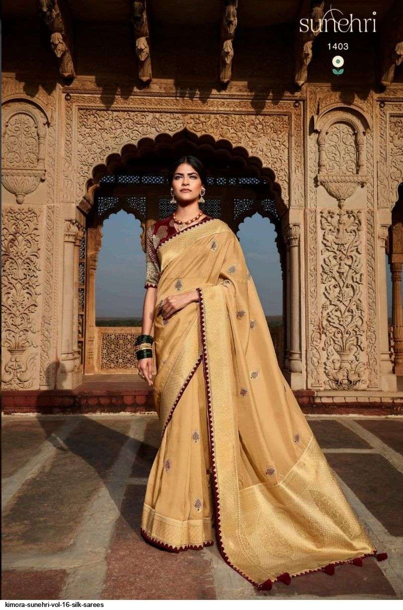 SUNEHRI VOL-16 BY KIMORA FASHION 1401 TO 1413 SERIES INDIAN TRADITIONAL WEAR COLLECTION BEAUTIFUL STYLISH FANCY COLORFUL PARTY WEAR & OCCASIONAL WEAR SILK SAREES AT WHOLESALE PRICE