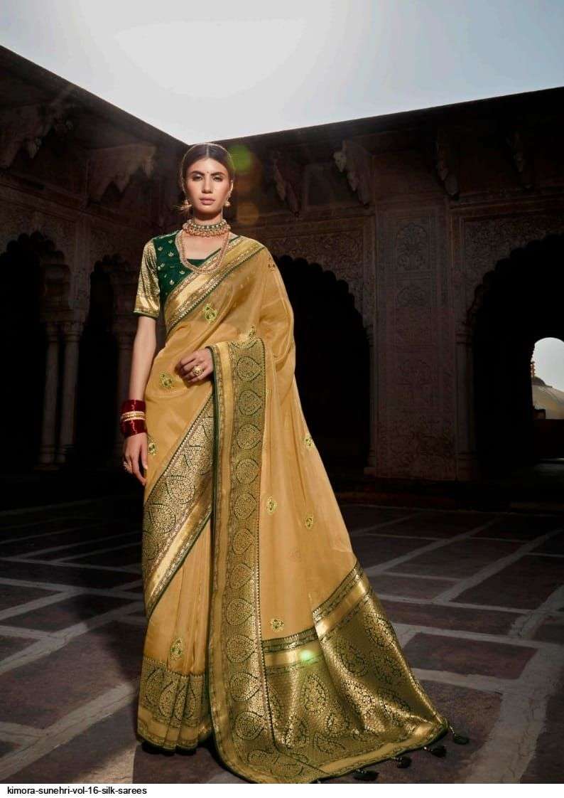 SUNEHRI VOL-16 BY KIMORA FASHION 1401 TO 1413 SERIES INDIAN TRADITIONAL WEAR COLLECTION BEAUTIFUL STYLISH FANCY COLORFUL PARTY WEAR & OCCASIONAL WEAR SILK SAREES AT WHOLESALE PRICE
