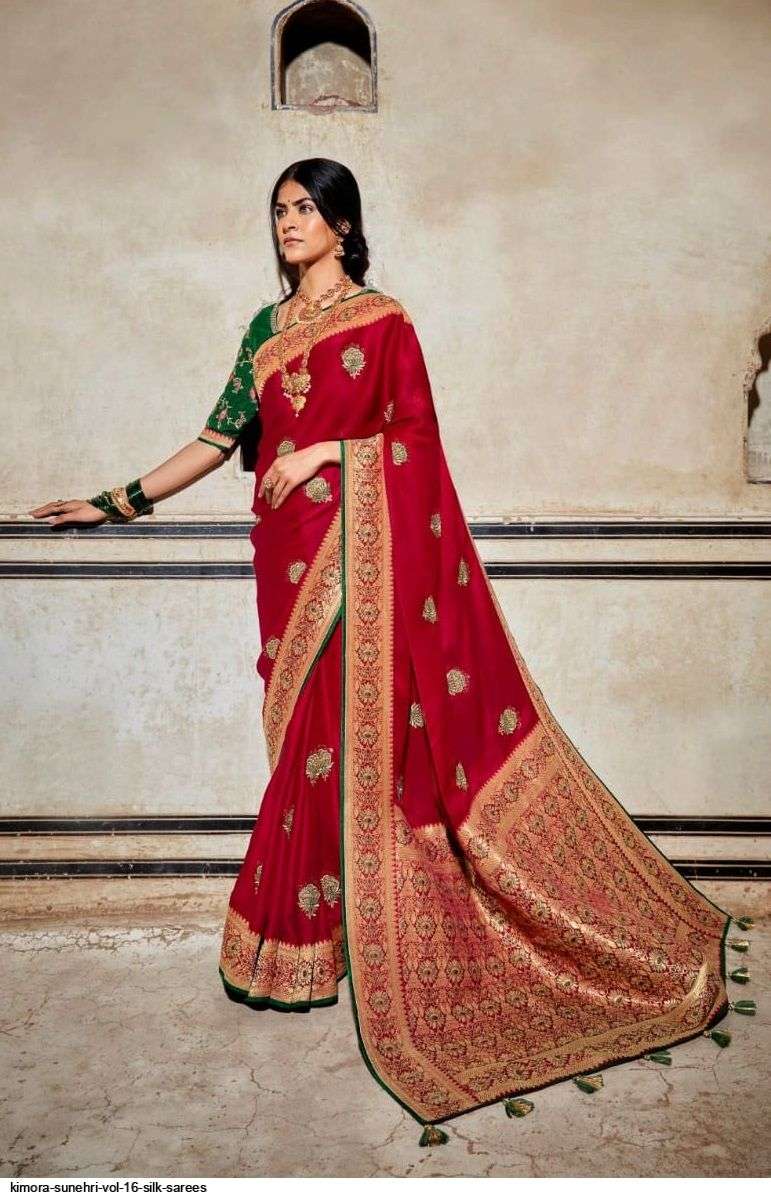 SUNEHRI VOL-16 BY KIMORA FASHION 1401 TO 1413 SERIES INDIAN TRADITIONAL WEAR COLLECTION BEAUTIFUL STYLISH FANCY COLORFUL PARTY WEAR & OCCASIONAL WEAR SILK SAREES AT WHOLESALE PRICE