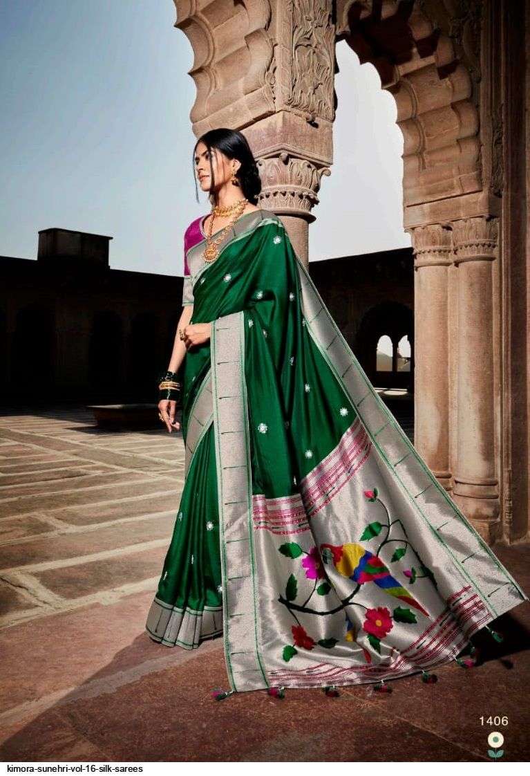 SUNEHRI VOL-16 BY KIMORA FASHION 1401 TO 1413 SERIES INDIAN TRADITIONAL WEAR COLLECTION BEAUTIFUL STYLISH FANCY COLORFUL PARTY WEAR & OCCASIONAL WEAR SILK SAREES AT WHOLESALE PRICE