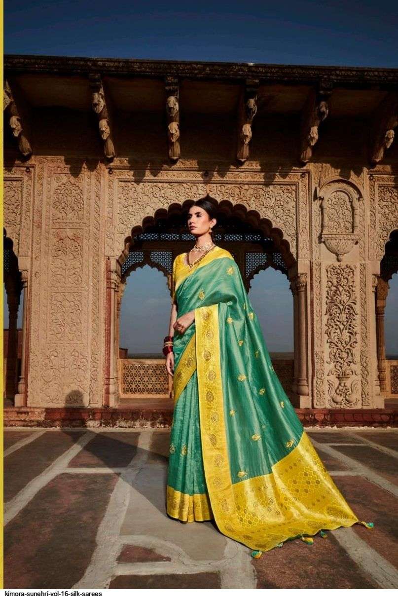 SUNEHRI VOL-16 BY KIMORA FASHION 1401 TO 1413 SERIES INDIAN TRADITIONAL WEAR COLLECTION BEAUTIFUL STYLISH FANCY COLORFUL PARTY WEAR & OCCASIONAL WEAR SILK SAREES AT WHOLESALE PRICE