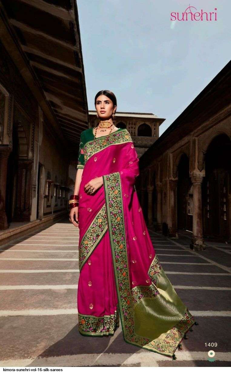SUNEHRI VOL-16 BY KIMORA FASHION 1401 TO 1413 SERIES INDIAN TRADITIONAL WEAR COLLECTION BEAUTIFUL STYLISH FANCY COLORFUL PARTY WEAR & OCCASIONAL WEAR SILK SAREES AT WHOLESALE PRICE