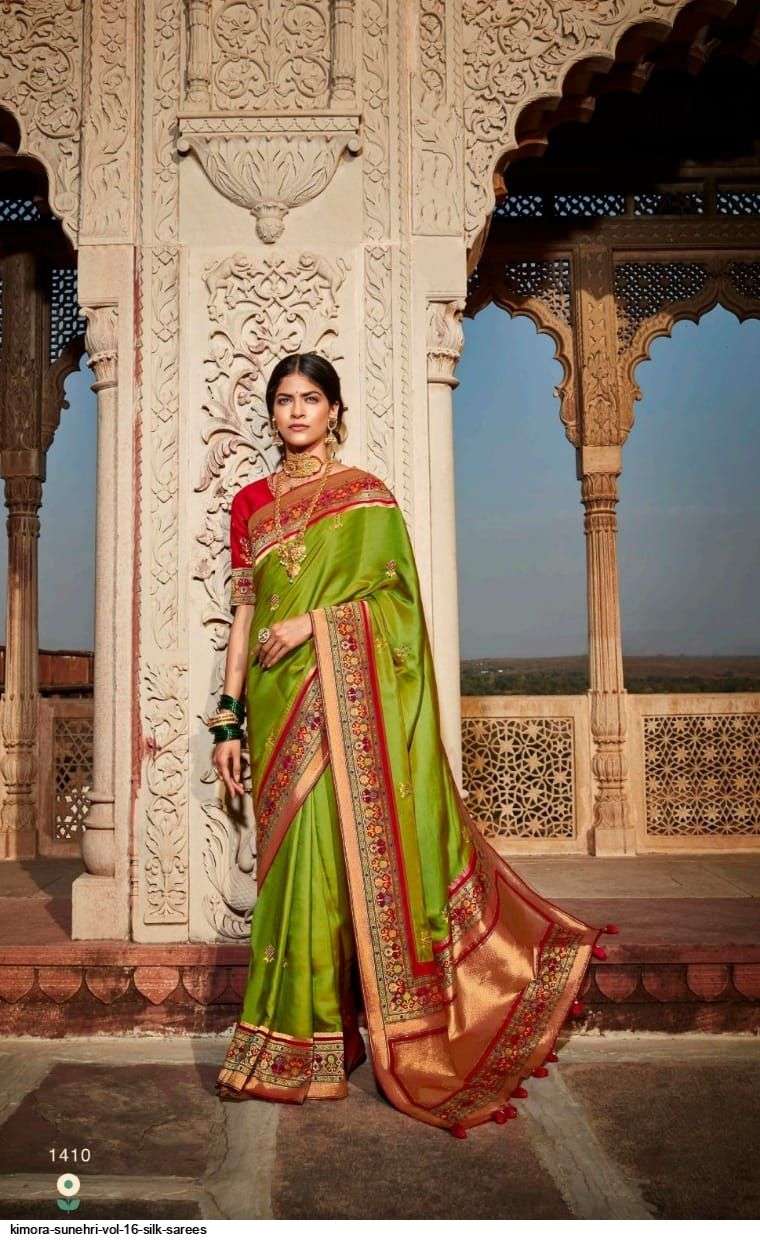 SUNEHRI VOL-16 BY KIMORA FASHION 1401 TO 1413 SERIES INDIAN TRADITIONAL WEAR COLLECTION BEAUTIFUL STYLISH FANCY COLORFUL PARTY WEAR & OCCASIONAL WEAR SILK SAREES AT WHOLESALE PRICE