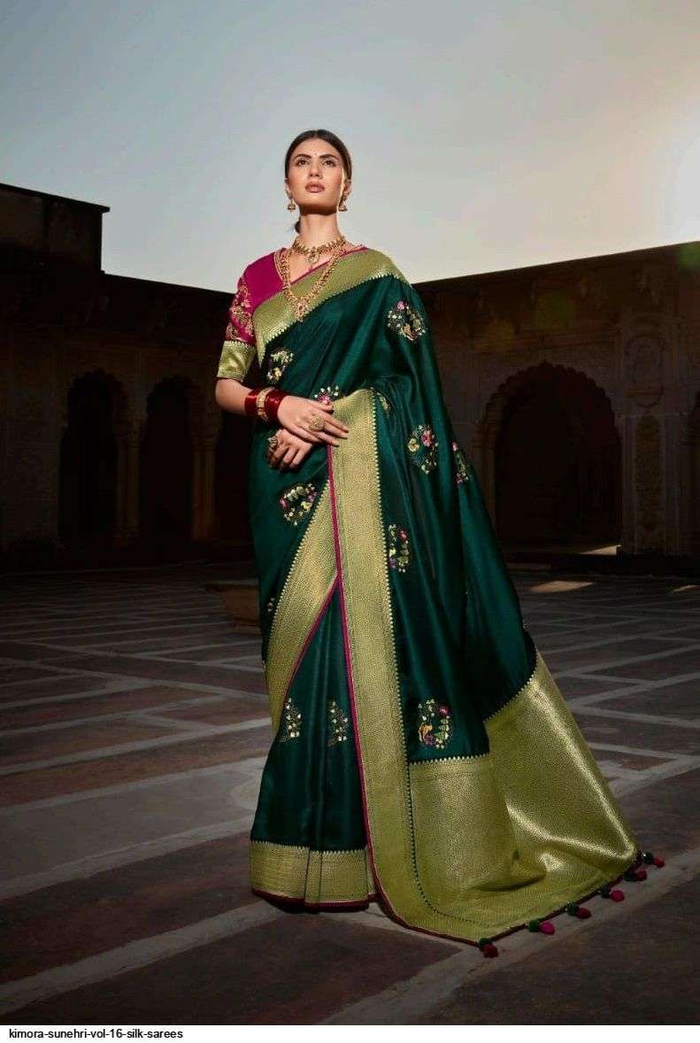SUNEHRI VOL-16 BY KIMORA FASHION 1401 TO 1413 SERIES INDIAN TRADITIONAL WEAR COLLECTION BEAUTIFUL STYLISH FANCY COLORFUL PARTY WEAR & OCCASIONAL WEAR SILK SAREES AT WHOLESALE PRICE