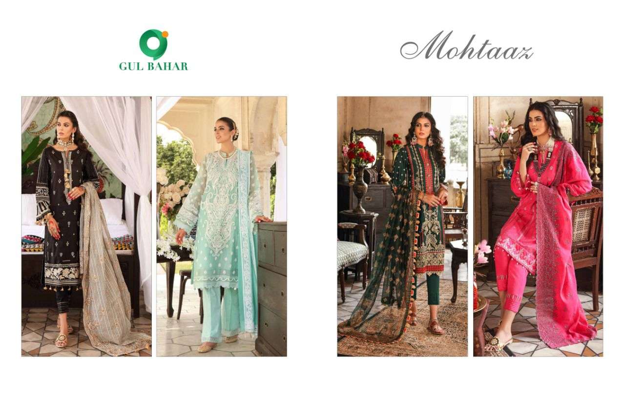 MOHTAAZ BY GUL BAHAR 101 TO 104 SERIES PAKISTANI SUITS BEAUTIFUL FANCY COLORFUL STYLISH PARTY WEAR & OCCASIONAL WEAR HEAVY JAM COTTON EMBROIDERED DRESSES AT WHOLESALE PRICE