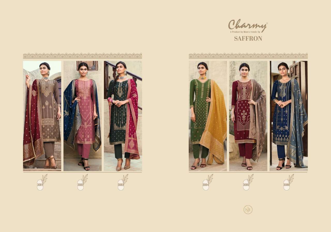 SAFFRON BY CHARMY 3081 TO 3086 SERIES BEAUTIFUL SUITS COLORFUL STYLISH FANCY CASUAL WEAR & ETHNIC WEAR PURE PASHMINA JACQUARD DRESSES AT WHOLESALE PRICE