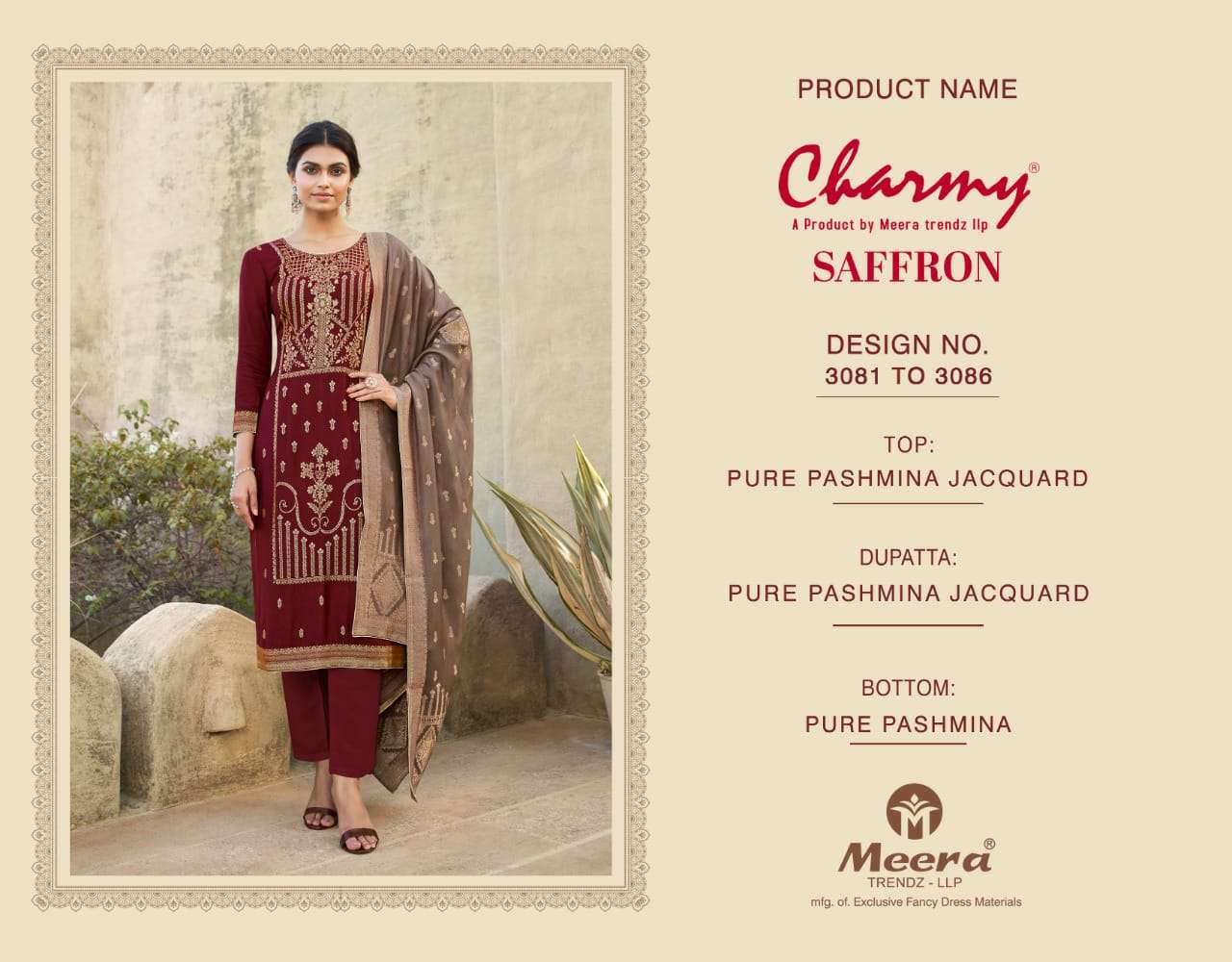 SAFFRON BY CHARMY 3081 TO 3086 SERIES BEAUTIFUL SUITS COLORFUL STYLISH FANCY CASUAL WEAR & ETHNIC WEAR PURE PASHMINA JACQUARD DRESSES AT WHOLESALE PRICE