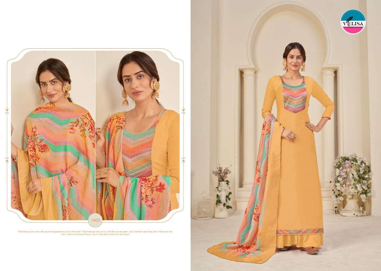 LAILA BY VELISA 1401 TO 1404 SERIES BEAUTIFUL SUITS COLORFUL STYLISH FANCY CASUAL WEAR & ETHNIC WEAR TUSSAR SILK EMBROIDERED DRESSES AT WHOLESALE PRICE