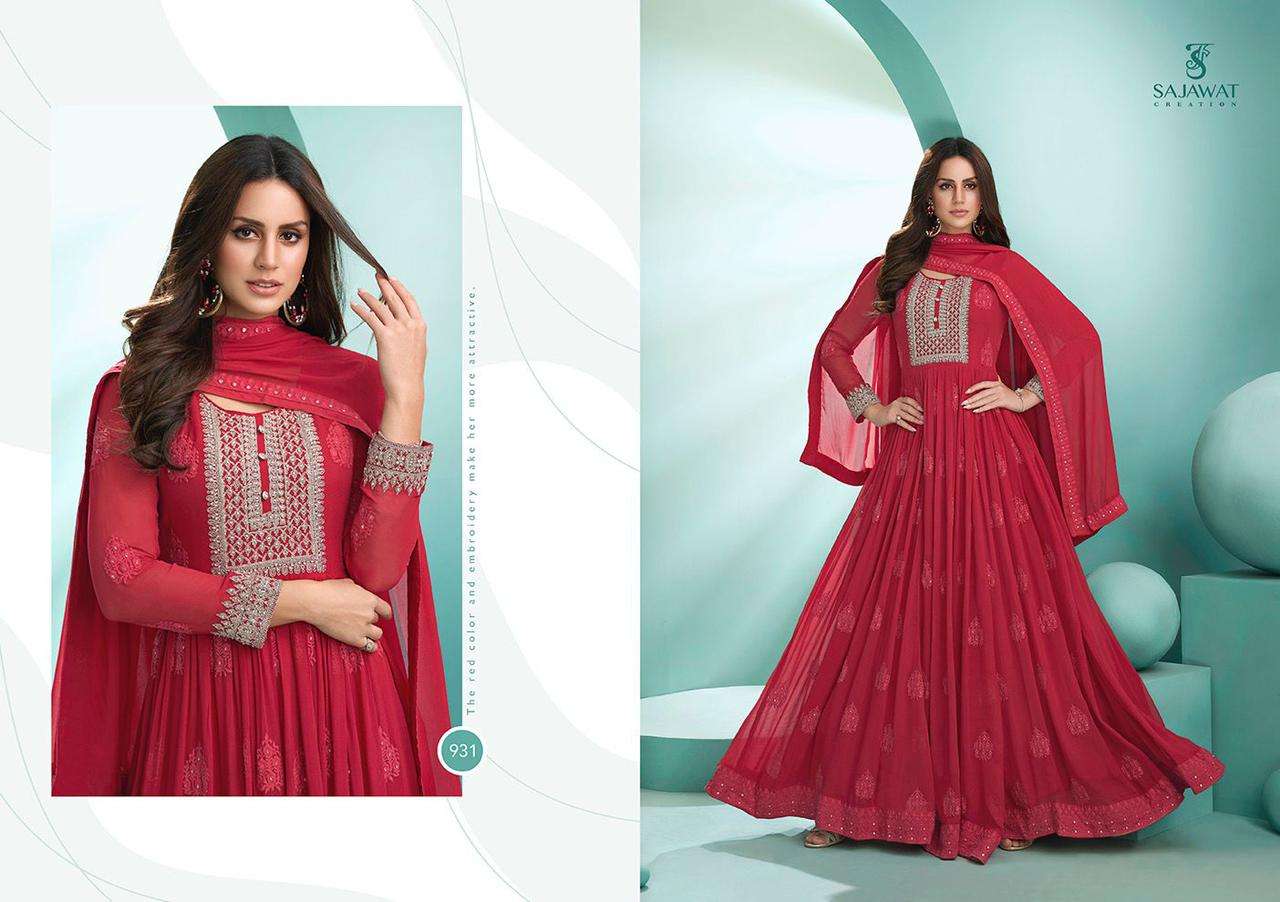 KALPI VOL-1 BY SAJAWAT CREATION 931 TO 936 SERIES BEAUTIFUL STYLISH ANARKALI SUITS FANCY COLORFUL CASUAL WEAR & ETHNIC WEAR & READY TO WEAR HEAVY FAUX GEORGETTE EMBROIDERED DRESSES AT WHOLESALE PRICE