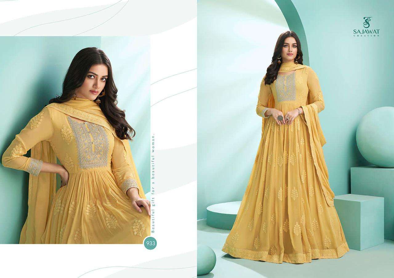 KALPI VOL-1 BY SAJAWAT CREATION 931 TO 936 SERIES BEAUTIFUL STYLISH ANARKALI SUITS FANCY COLORFUL CASUAL WEAR & ETHNIC WEAR & READY TO WEAR HEAVY FAUX GEORGETTE EMBROIDERED DRESSES AT WHOLESALE PRICE