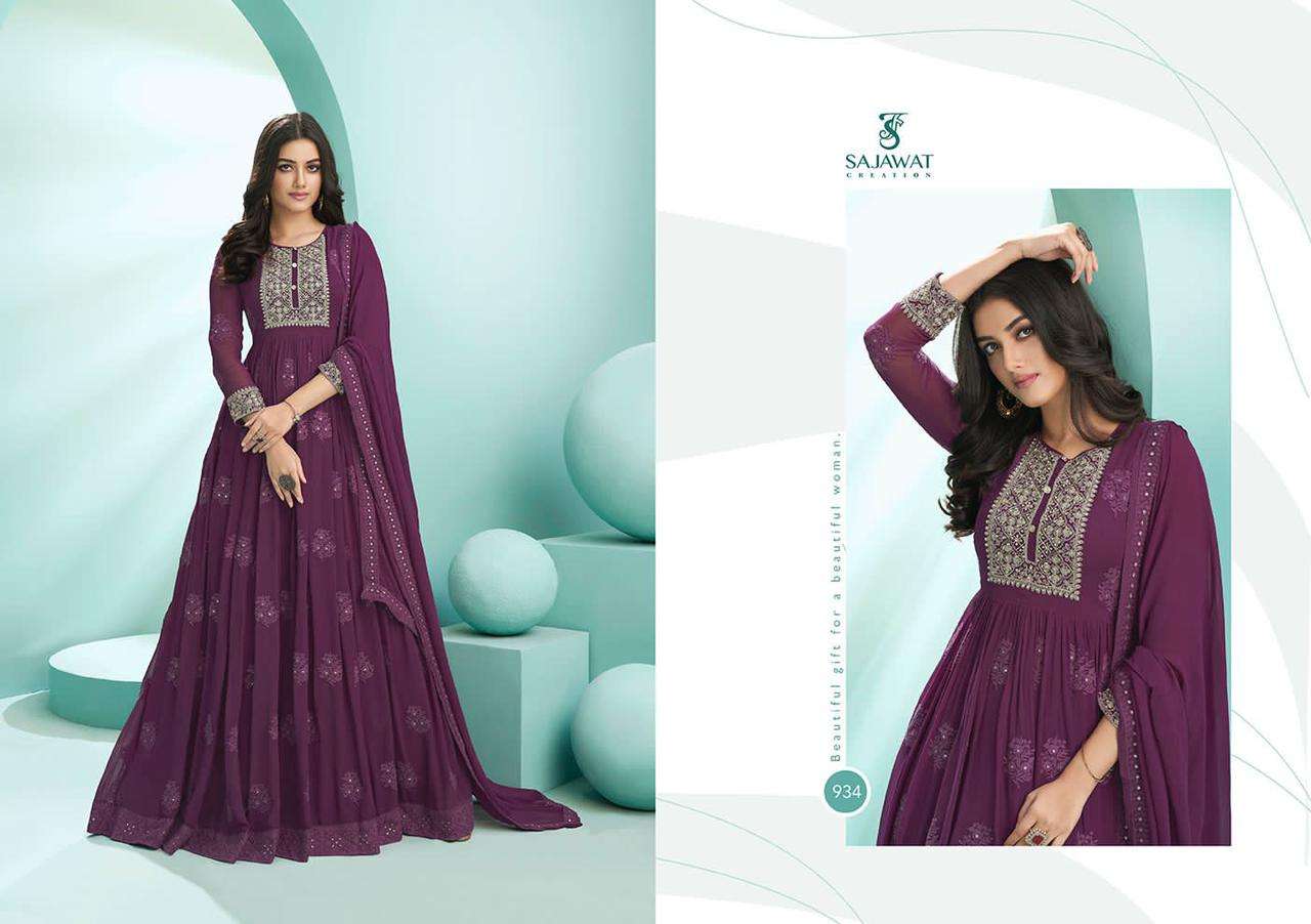 KALPI VOL-1 BY SAJAWAT CREATION 931 TO 936 SERIES BEAUTIFUL STYLISH ANARKALI SUITS FANCY COLORFUL CASUAL WEAR & ETHNIC WEAR & READY TO WEAR HEAVY FAUX GEORGETTE EMBROIDERED DRESSES AT WHOLESALE PRICE