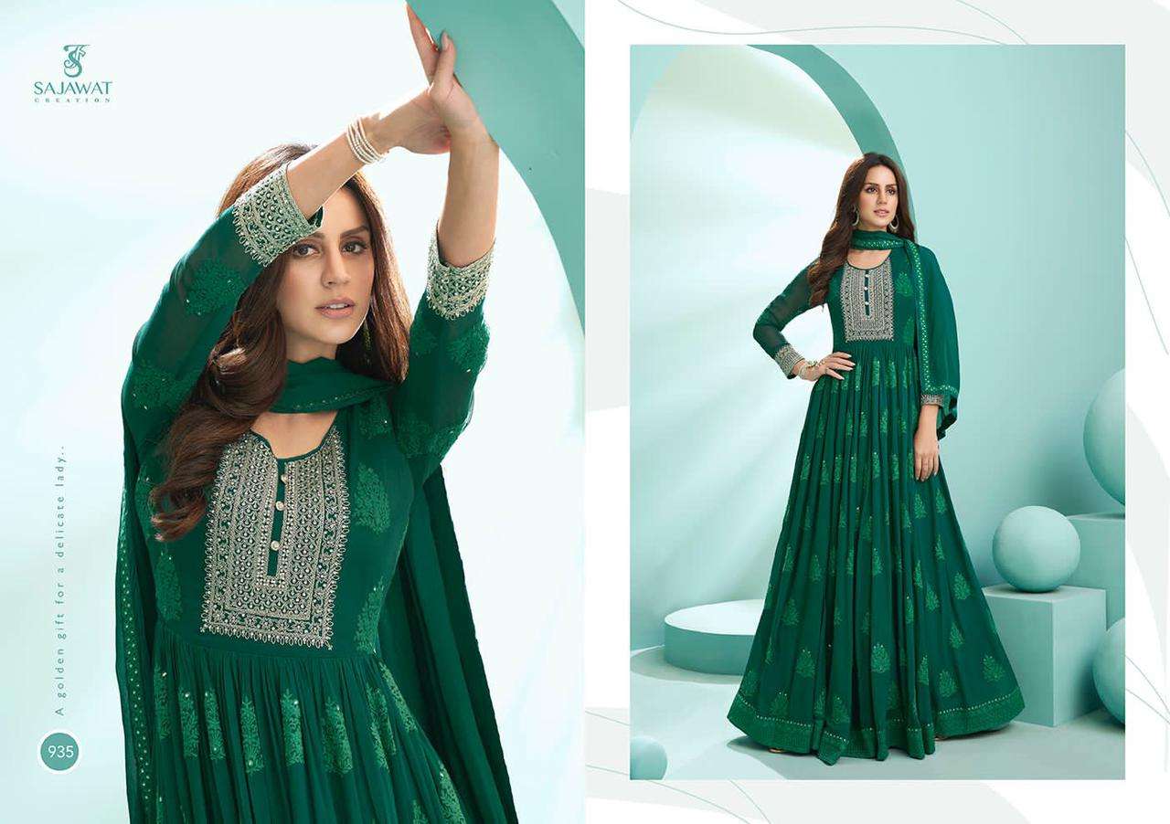 KALPI VOL-1 BY SAJAWAT CREATION 931 TO 936 SERIES BEAUTIFUL STYLISH ANARKALI SUITS FANCY COLORFUL CASUAL WEAR & ETHNIC WEAR & READY TO WEAR HEAVY FAUX GEORGETTE EMBROIDERED DRESSES AT WHOLESALE PRICE