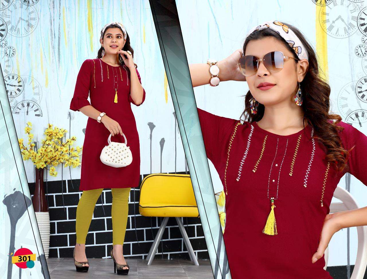HAPPY VOL-3 BY TRENDY 301 TO 308 SERIES DESIGNER STYLISH FANCY COLORFUL BEAUTIFUL PARTY WEAR & ETHNIC WEAR COLLECTION RAYON EMBROIDERY KURTIS AT WHOLESALE PRICE