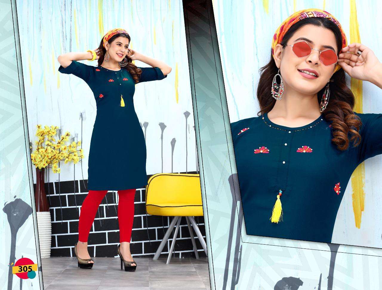HAPPY VOL-3 BY TRENDY 301 TO 308 SERIES DESIGNER STYLISH FANCY COLORFUL BEAUTIFUL PARTY WEAR & ETHNIC WEAR COLLECTION RAYON EMBROIDERY KURTIS AT WHOLESALE PRICE