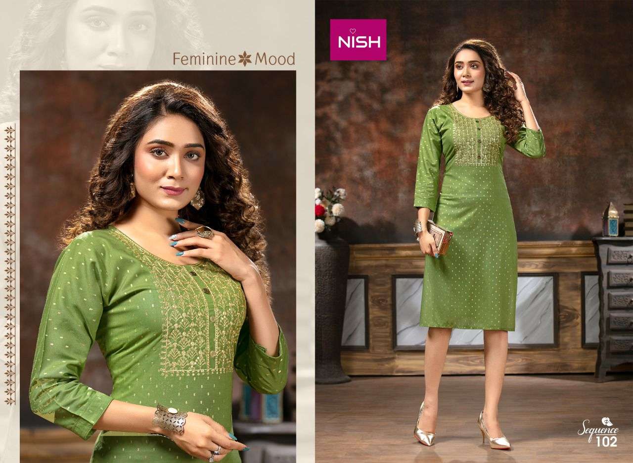 SEQUENCE BY NISH 101 TO 108 SERIES DESIGNER STYLISH FANCY COLORFUL BEAUTIFUL PARTY WEAR & ETHNIC WEAR COLLECTION RAYON DOBBY KURTIS AT WHOLESALE PRICE