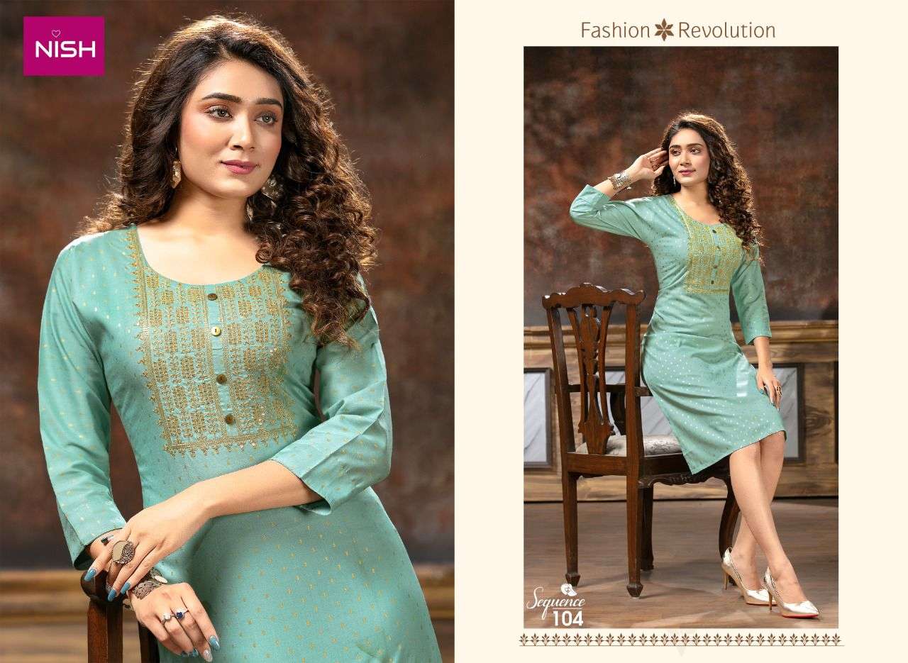 SEQUENCE BY NISH 101 TO 108 SERIES DESIGNER STYLISH FANCY COLORFUL BEAUTIFUL PARTY WEAR & ETHNIC WEAR COLLECTION RAYON DOBBY KURTIS AT WHOLESALE PRICE