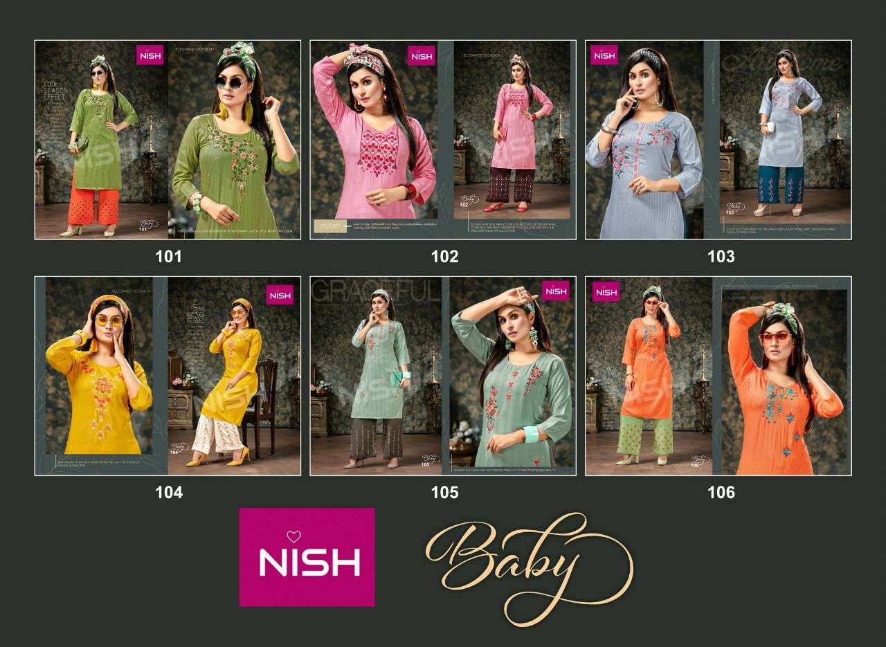 BABY BY NISH 101 TO 106 SERIES DESIGNER STYLISH FANCY COLORFUL BEAUTIFUL PARTY WEAR & ETHNIC WEAR COLLECTION RAYON DOBBY KURTIS WITH BOTTOM AT WHOLESALE PRICE