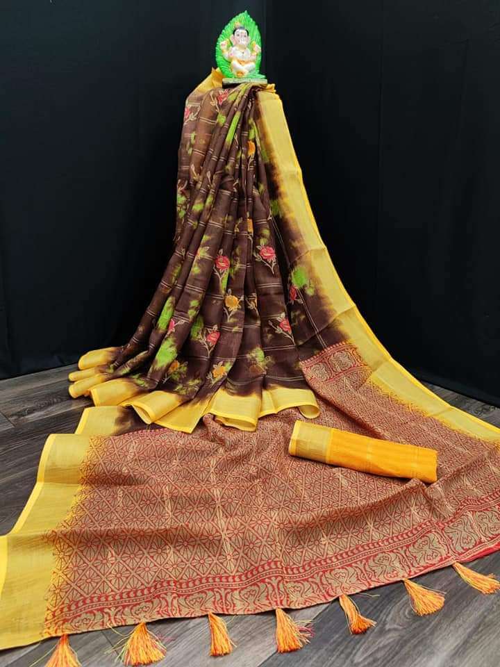 PURE LINEN BY MYRA FASHION 01 TO 06 SERIES INDIAN TRADITIONAL WEAR COLLECTION BEAUTIFUL STYLISH FANCY COLORFUL PARTY WEAR & OCCASIONAL WEAR LINEN COTTON SAREES AT WHOLESALE PRICE