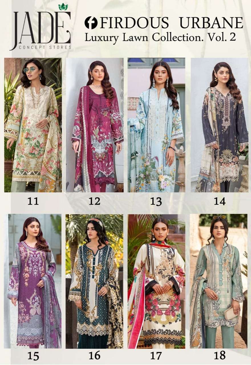 FIRDOUS URBANE VOL-2 BY JADE 11 TO 18 SERIES BEAUTIFUL SUITS COLORFUL STYLISH FANCY CASUAL WEAR & ETHNIC WEAR PURE LAWN DRESSES AT WHOLESALE PRICE