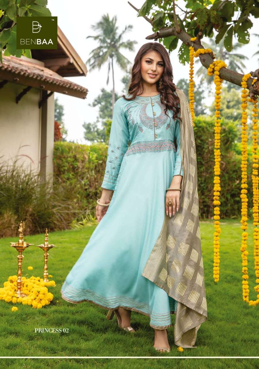PRINCESS BY BENBAA 01 TO 06 SERIES BEAUTIFUL STYLISH FANCY COLORFUL CASUAL WEAR & ETHNIC WEAR HEAVY SILK EMBROIDERED GOWNS WITH DUPATTA AT WHOLESALE PRICE