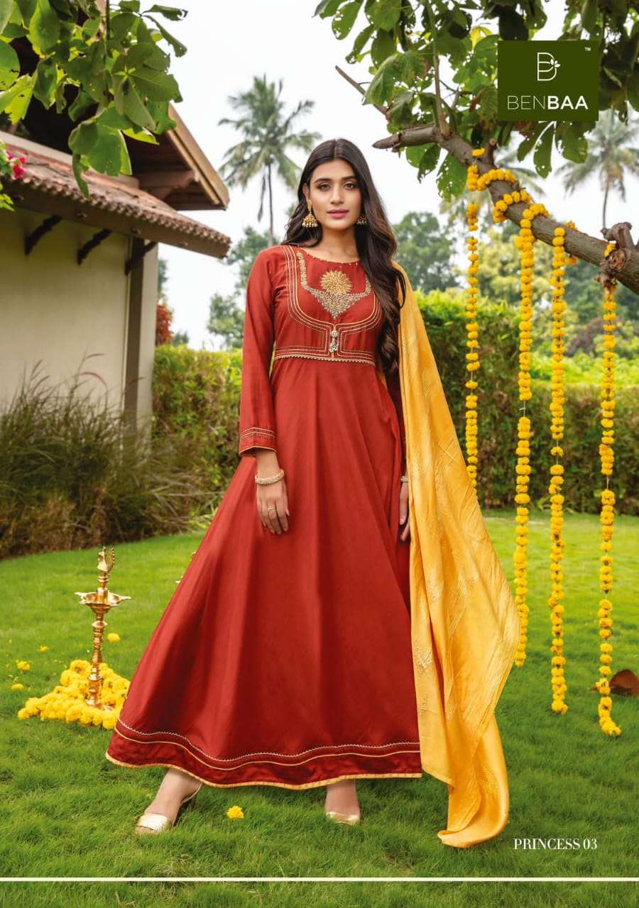 PRINCESS BY BENBAA 01 TO 06 SERIES BEAUTIFUL STYLISH FANCY COLORFUL CASUAL WEAR & ETHNIC WEAR HEAVY SILK EMBROIDERED GOWNS WITH DUPATTA AT WHOLESALE PRICE