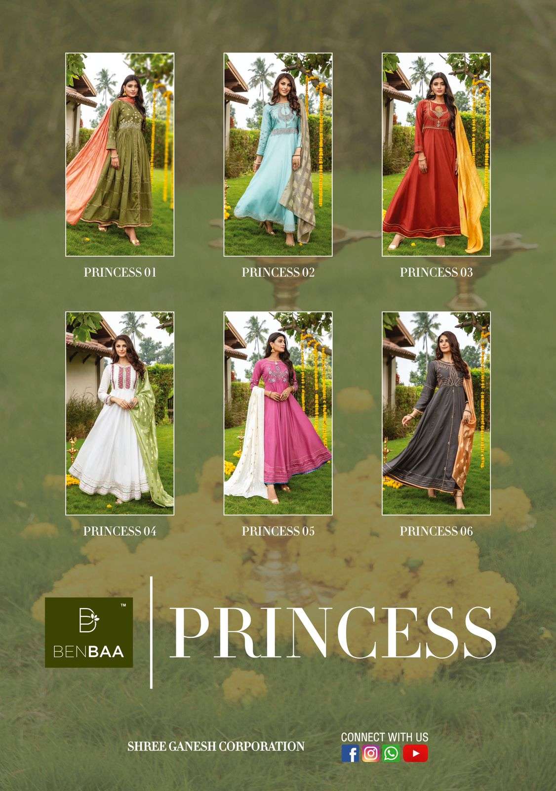 PRINCESS BY BENBAA 01 TO 06 SERIES BEAUTIFUL STYLISH FANCY COLORFUL CASUAL WEAR & ETHNIC WEAR HEAVY SILK EMBROIDERED GOWNS WITH DUPATTA AT WHOLESALE PRICE