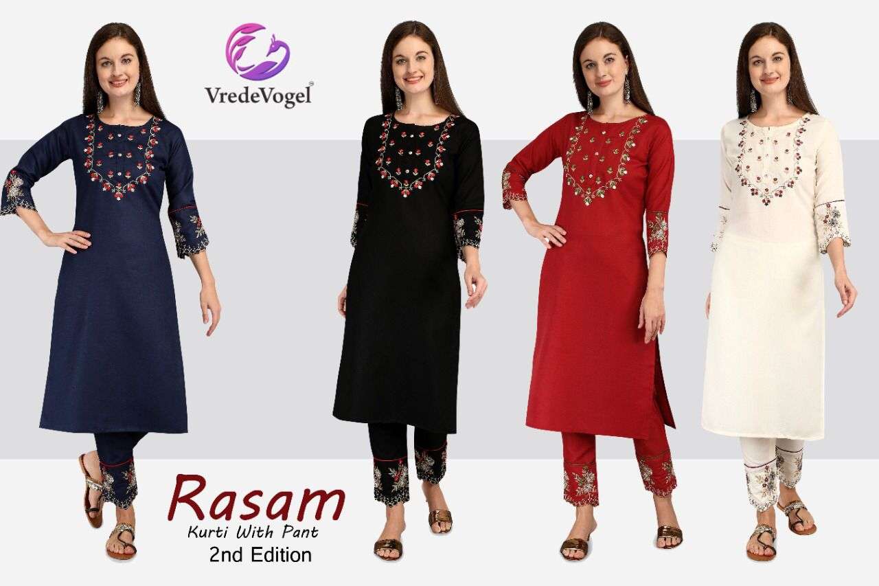 RASAM VOL-2 BY VREDE VOGEL 201 TO 204 SERIES DESIGNER STYLISH FANCY COLORFUL BEAUTIFUL PARTY WEAR & ETHNIC WEAR COLLECTION COTTON EMBROIDERY KURTIS WITH BOTTOM AT WHOLESALE PRICE