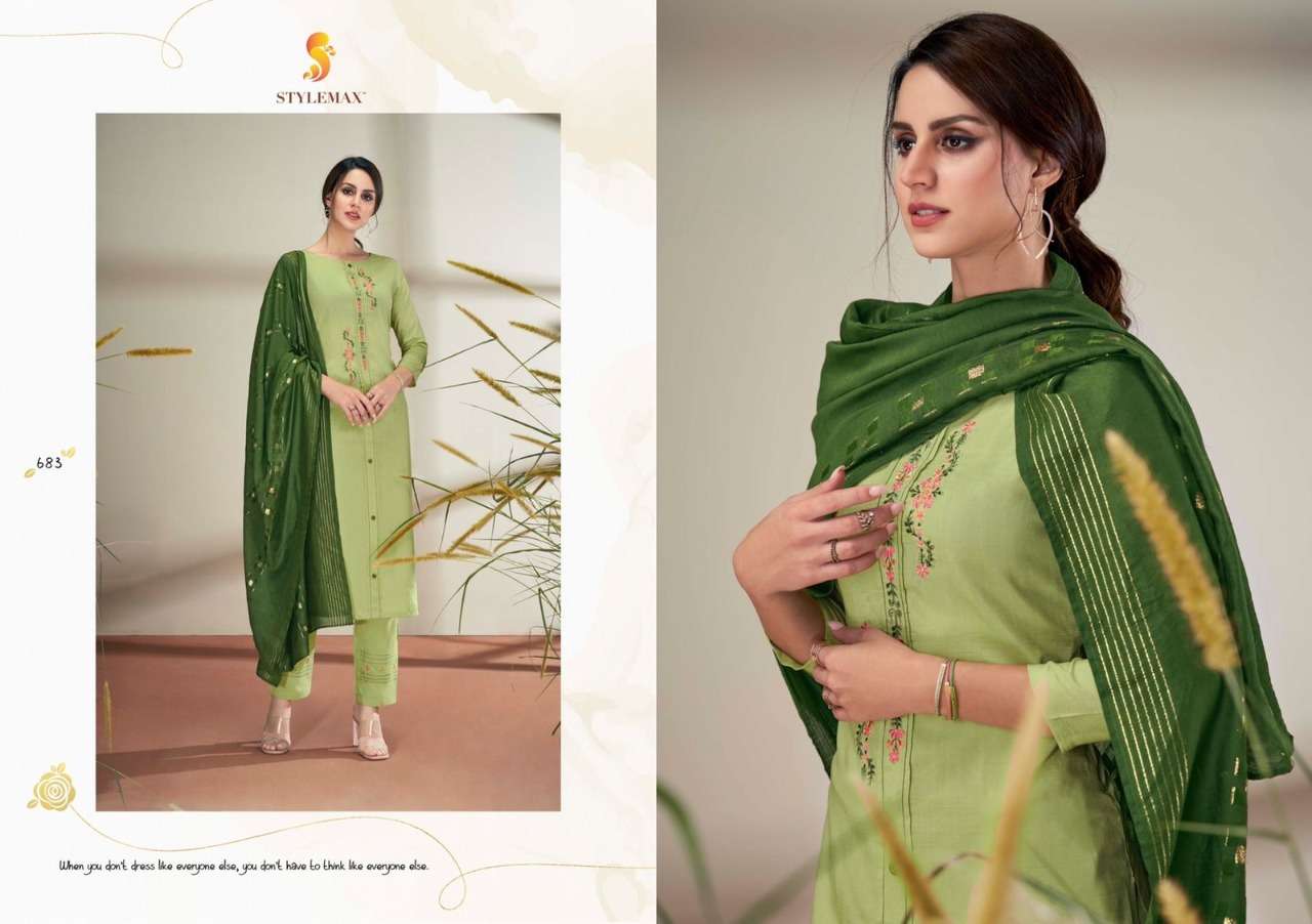 SAYRA BY STYLEMAX 681 TO 688 SERIES BEAUTIFUL SUITS COLORFUL STYLISH FANCY CASUAL WEAR & ETHNIC WEAR PURE CHINNON SILK DRESSES AT WHOLESALE PRICE