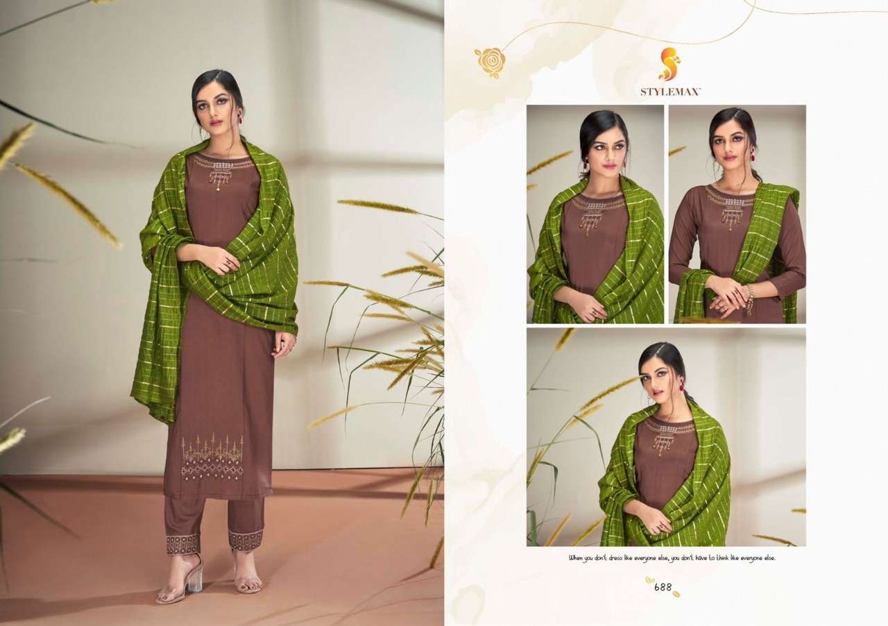 SAYRA BY STYLEMAX 681 TO 688 SERIES BEAUTIFUL SUITS COLORFUL STYLISH FANCY CASUAL WEAR & ETHNIC WEAR PURE CHINNON SILK DRESSES AT WHOLESALE PRICE