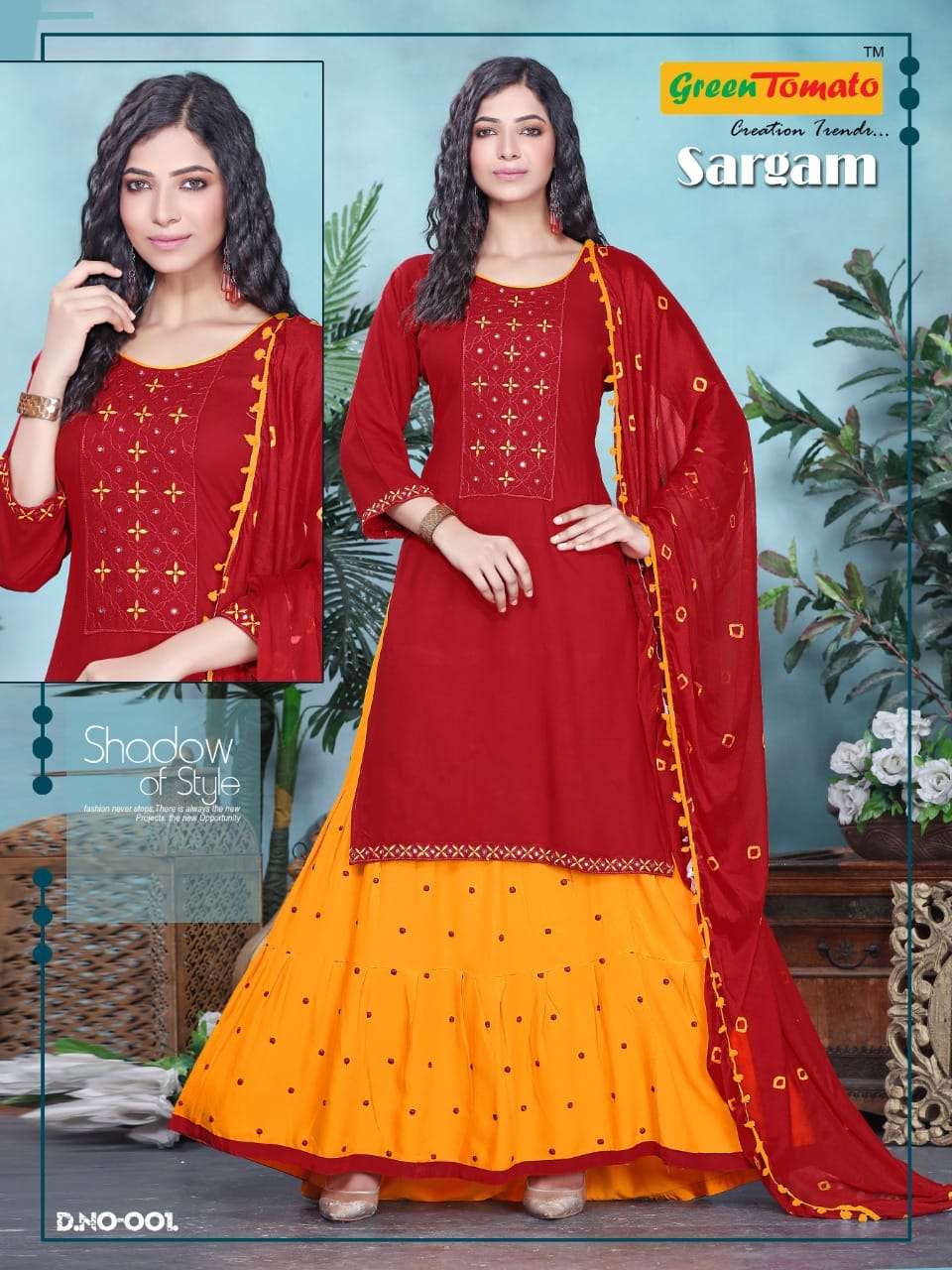 SARGAM BY GREEN TOMATO 001 TO 008 SERIES BEAUTIFUL SUITS COLORFUL STYLISH FANCY CASUAL WEAR & ETHNIC WEAR HEAVY RAYON EMBROIDERED DRESSES AT WHOLESALE PRICE
